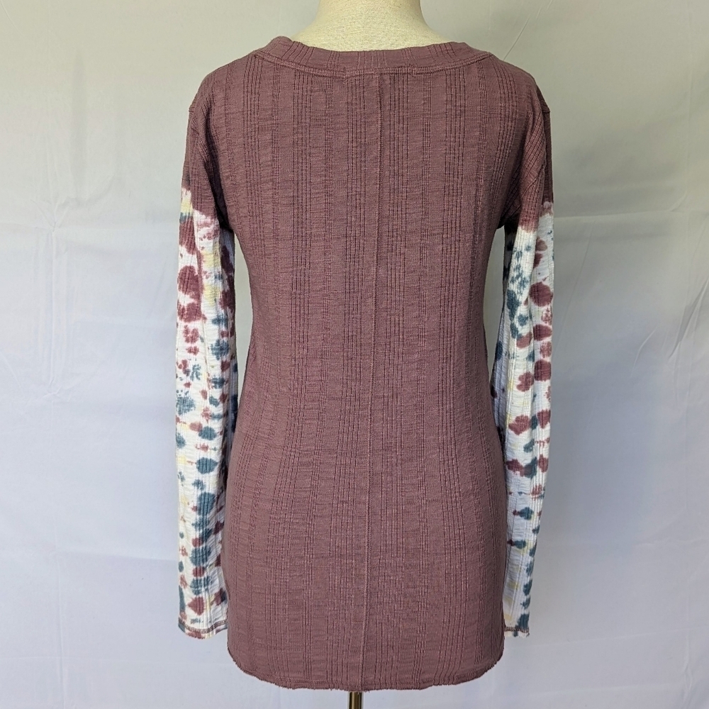 Free People Big Sur Top Long Tie Dyed Sleeves Scoop Neck Ribbed Knit Mauve L EUC - Picture 7 of 12